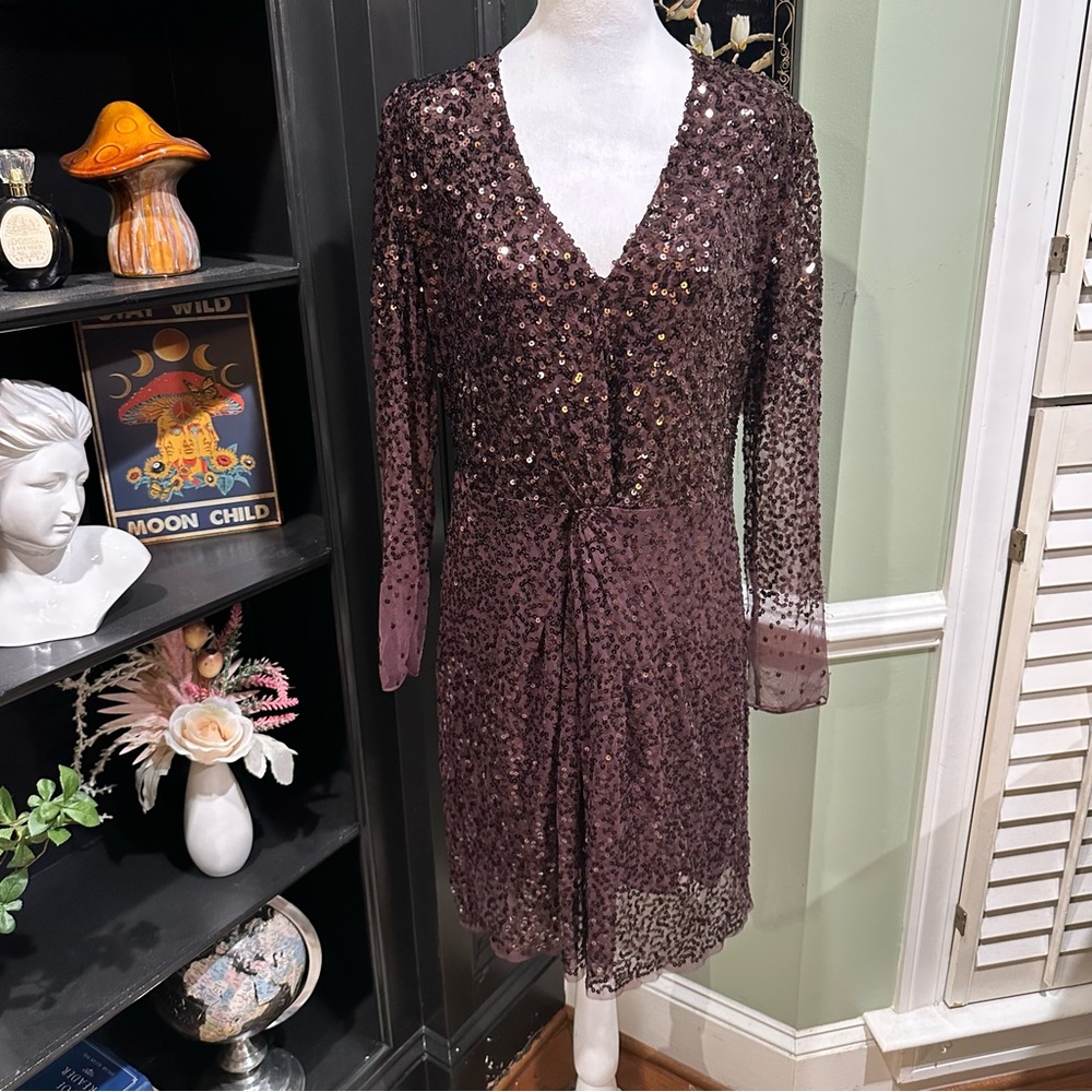 French Connection Emille Sparkle Sequin Wrap Dress – Decadence Plum – Size 10 (N